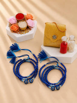 ADIVA - Double Evil Eye Beaded Rakhi with Pooja Thali and Roli Chawal Bag Gift Set