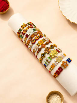 ADIVA - Assorted Designer Rakhis with Roli Chawal Chandan and Meshrei Card