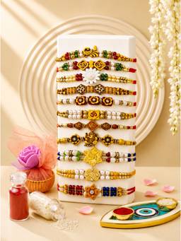 ADIVA - Assorted Designer Rakhis with Roli Chawal Evil Eye Plate Tokri Gift Set