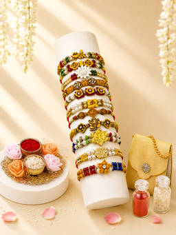 ADIVA - Assorted Designer Rakhis with Pooja Thali and Roli Chawal Bag Gift Set