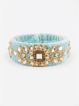 Adwitiya - Sky Blue Velvet and White Bead-Work Tassel Bangles (Pack of 2)