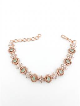 Adwitiya - Rose Gold-Plated Mint Green Stone and Floral CZ Link Bracelet