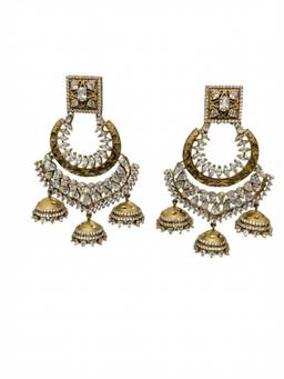 Adwitiya - Antique Gold Crescent and Triple Jhumka Earrings