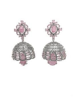 Adwitiya - Rhodium Plated Pink Crystal Dome Jhumka Earrings