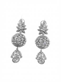 Adwitiya - Rhodium Plated Crystal Floral Orb Drop Jhumka Earrings