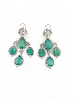 Adwitiya - Rhodium Plated Mint Green Teardrop Chandelier Earrings