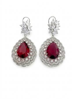 Adwitiya - Rhodium Plated Ruby Red Teardrop Halo Drop Earrings