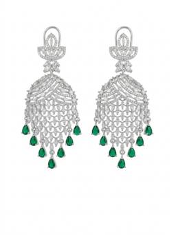 Adwitiya - Rhodium Plated Green Crystal Mesh Chandelier Earrings