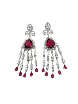 Adwitiya - Rhodium Plated Ruby Red Tassel Drop Earrings