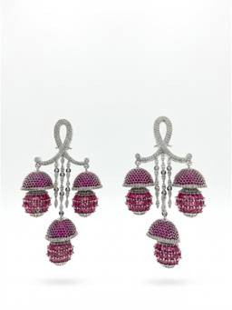Adwitiya - Rhodium Plated Ruby Pink Triple Jhumka Chandelier Earrings