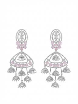 Adwitiya - Rhodium Plated Pastel Pink Jhumka Chandelier Earrings