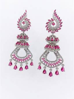 Adwitiya - Rhodium Plated Ruby Pink Paisley and Jhumka Layered Drop Earrings