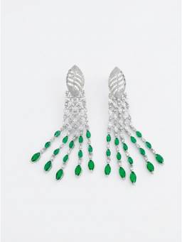 Adwitiya - Rhodium Plated Emerald Green Marquise Tassel Drop Earrings