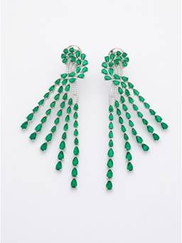 Adwitiya - Rhodium Plated Emerald Green Teardrop Waterfall Drop Earrings