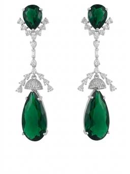 Adwitiya - Rhodium Plated Emerald Green Teardrop Linear Drop Earrings