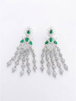 Adwitiya - Rhodium Plated Emerald Green and CZ Fan Tassel Chandelier Earrings