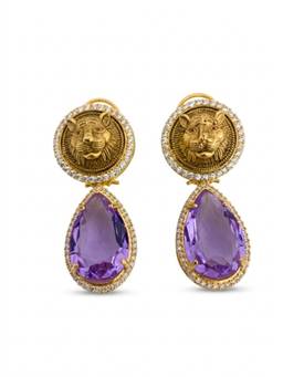 Adwitiya - Antique Gold Tiger Motif and Amethyst Teardrop Drop Earrings