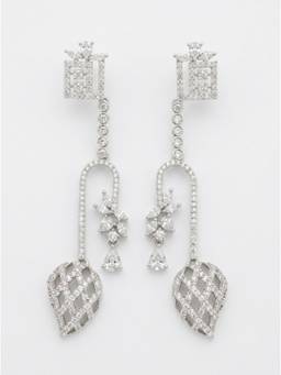 Adwitiya - Rhodium Plated CZ Geometric Lattice and Leaf Drop Earrings