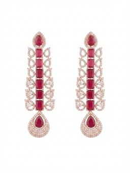 Adwitiya - Rose Gold Ruby Red Geometric Foliage Linear Drop Earrings