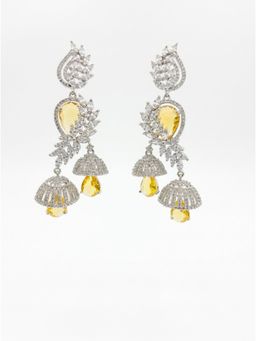 Adwitiya - Rhodium Plated Yellow Crystal Floral Vine Double Jhumka Earrings