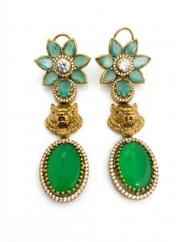 Adwitiya - Antique Gold Tiger Head and Green Stone Drop Earrings