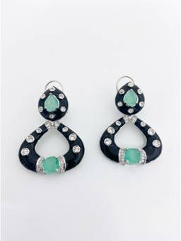 Adwitiya - Rhodium Plated Black Enamel and Mint Green Stone Teardrop Drop Earrings