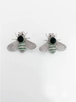 Adwitiya - Rhodium Plated CZ Honeybee and Green Crystal Stud Earrings