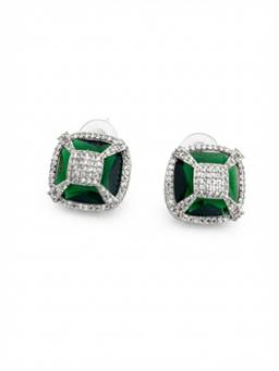 Adwitiya - Rhodium Plated Emerald Green Square Cushion CZ Stud Earrings