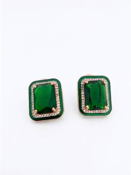 Adwitiya - Rose Gold Emerald Green Stone and Enamel Geometric Earrings