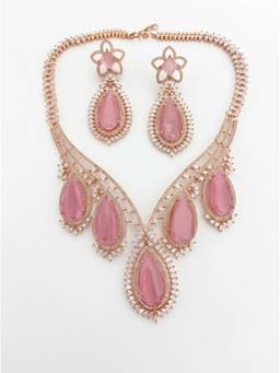 Adwitiya - Rose Gold-Plated Pink Teardrop and CZ Statement Necklace Set