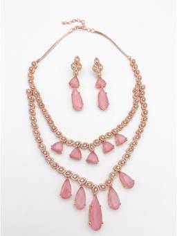 Adwitiya - Rose Gold-Plated Double Layer Pink Stone and CZ Drop Necklace Set