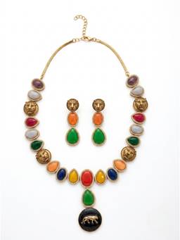 Adwitiya - Antique Gold Tiger Motif Multi-Color Cabochon Necklace Set