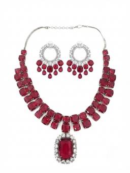 Adwitiya - Rhodium-Plated Ruby Red Crystal Cushion Cut Statement Necklace Set