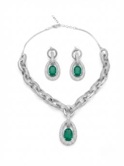Adwitiya - Rhodium-Plated Emerald Green Oval Stone and Cuban Chain Link Necklace Set
