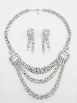 Adwitiya - Rhodium-Plated Multi-Layered CZ and Solitaire Statement Necklace Set