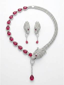 Adwitiya - Rhodium-Plated Dragon Motif CZ and Ruby Red Teardrop Necklace Set