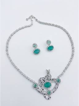 Adwitiya - Rhodium-Plated Leopard Motif Mint Green Stone and CZ Tennis Necklace Set
