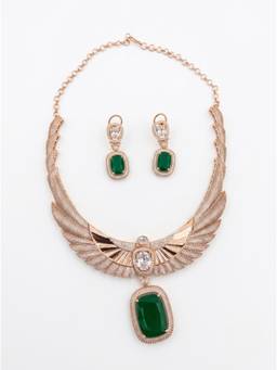 Adwitiya - Rose Gold-Plated Winged CZ and Emerald Green Cushion Cut Pendant Necklace Set