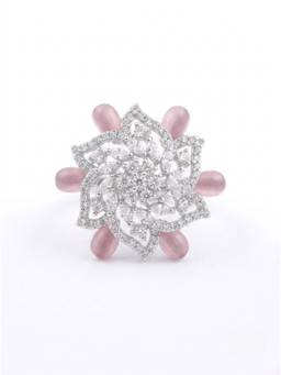 Adwitiya - Silver-Toned Floral Swirl Pink Cabochon Adjustable Ring