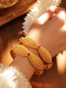SUGARFRILL - Gold Plated Pink Stone Beaded Bangles (Pack of 2)