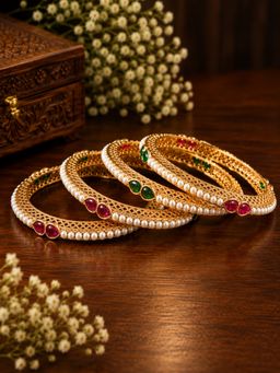 SUGARFRILL - Gold Plated Pearl and Multicolour Stone Bangles (Pack of 4)
