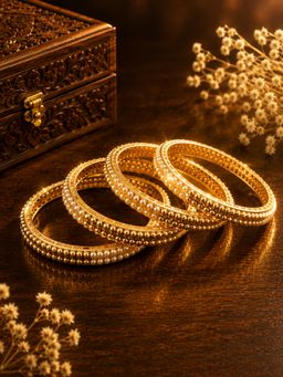 SUGARFRILL - Gold Plated Pearl and Bead Textured Bangles (Pack of 4)