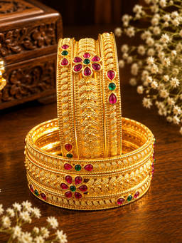 SUGARFRILL - Gold Plated Floral Stone Bangles (Pack of 6)