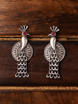 VENI - Silver-Plated Stone-Studded Peacock-Shaped Drop Earrings