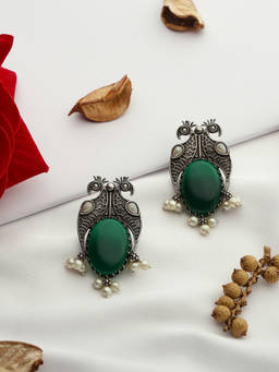 VENI - 92.5 Silver-Plated Artificial Stones-Studded Oxidised Drop Earrings