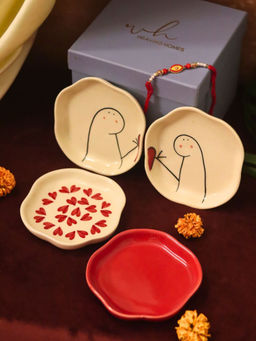 WEAVING HOMES - Heart, Red And Hum-Tum Handmade Dessert Plate Rakhi Gift Box