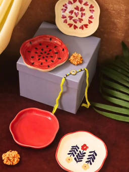 WEAVING HOMES - Heart, Red, Watermelon And Floral Bloom Handmade Dessert Plate Rakhi Gift Box