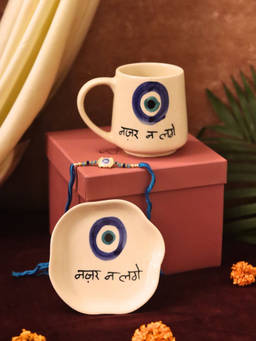 WEAVING HOMES - Nazar Mug And Handmade Dessert Plate Rakhi Gift Box