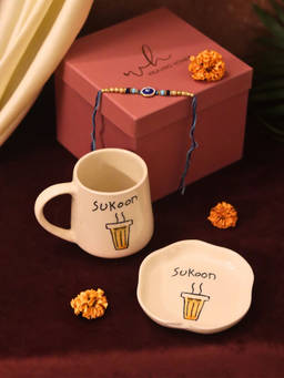 WEAVING HOMES - Sukoon Mug And Handmade Dessert Plate Rakhi Gift Box