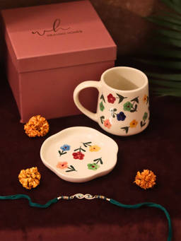WEAVING HOMES - Floral Blossom Mug And Handmade Dessert Plate Rakhi Gift Box